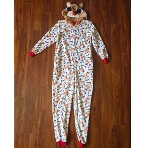 Rudolph the Red-Nosed Reindeer Womens Small Fleece Hooded Pajamas White